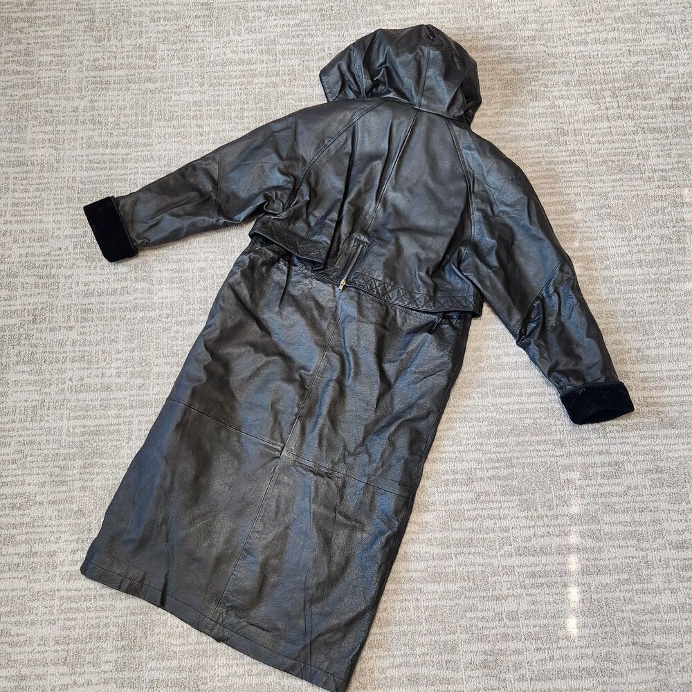 Vintage Middlebrook women Park Black Leather Trench Parka Coat Hooded M - Picture 5 of 10